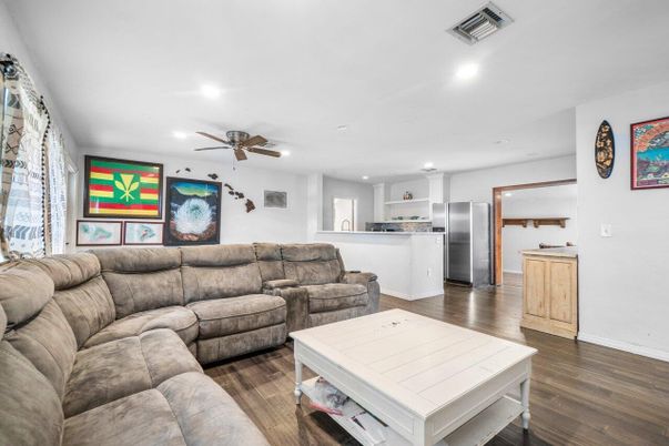 Interior, Kitchen, Living room, Recessed Lighting, Wood Texture Flooring
