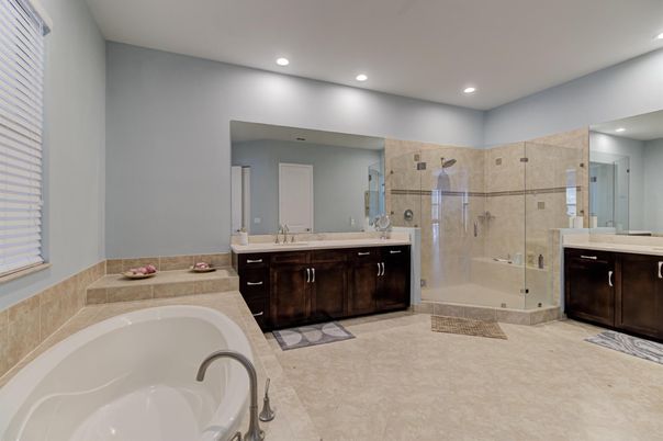 Bathroom, Dual Sink Vanities, Glass Shower, Interior, Recessed Lighting