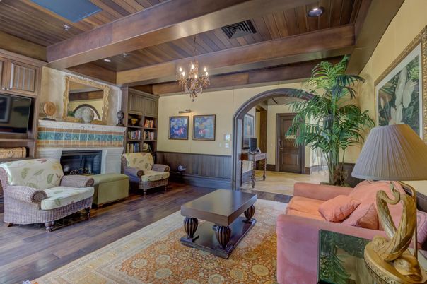 Chandelier, Fireplace, Interior, Living room, Recessed Lighting, Wooden Beams, Wooden Ceilings, Wood Texture Flooring