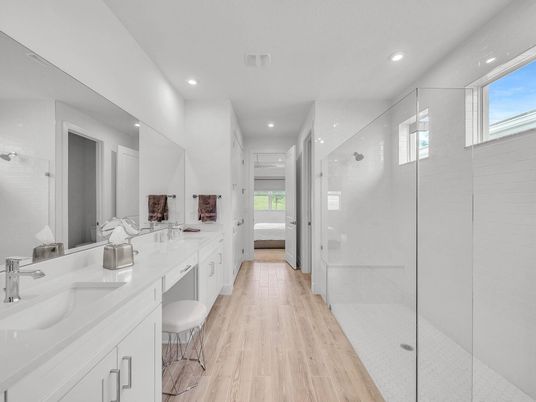 Bathroom, Dual Sink Vanities, Glass Shower, Interior, Recessed Lighting, Wood Texture Flooring