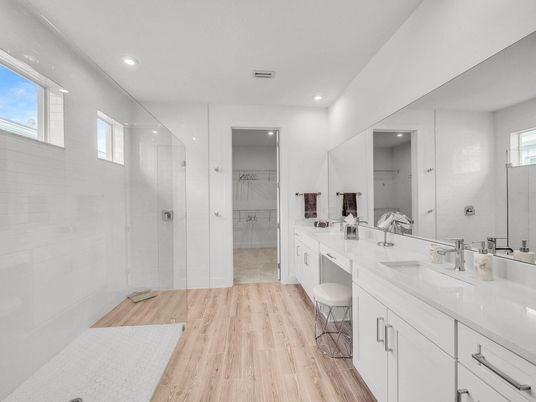 Bathroom, Dual Sink Vanities, Glass Shower, Interior, Recessed Lighting, Wood Texture Flooring