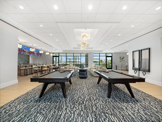 Billiard Table, Game Room, Interior, Pendant Lights, Recessed Lighting, Wood Texture Flooring