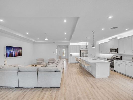 Interior, Kitchen, Living room, Pendant Lights, Recessed Lighting, Stainless Steel Appliances, Wood Texture Flooring