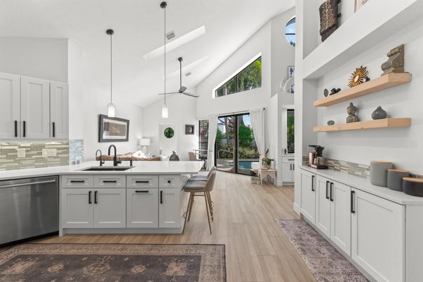 Interior, Kitchen, Pendant Lights, Wood Texture Flooring