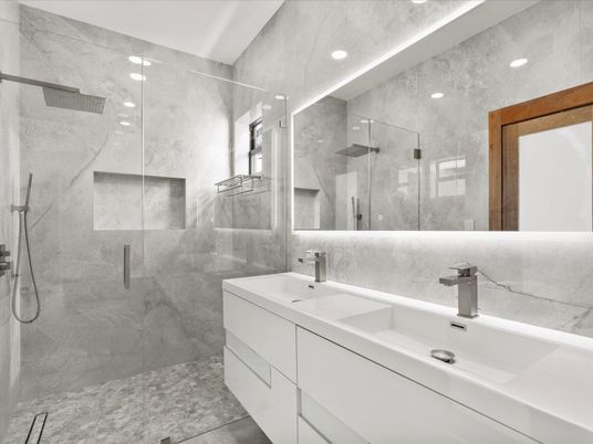 Bathroom, Dual Sink Vanities, Glass Shower, Interior, Recessed Lighting