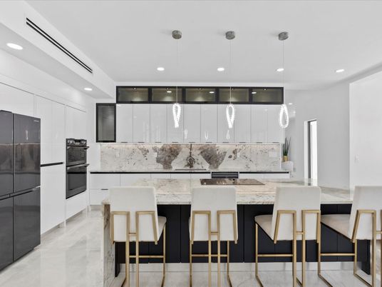 Interior, Kitchen, Marble Walls, Pendant Lights, Recessed Lighting
