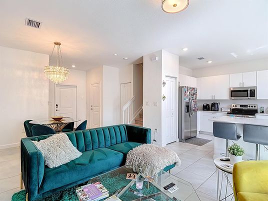 Chandelier, Dining room, Interior, Kitchen, Living room, Recessed Lighting, Stainless Steel Appliances