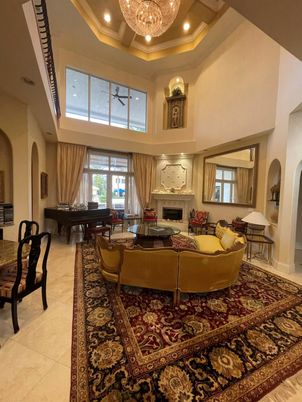 Chandelier, Fireplace, Interior, Living room, Piano, Recessed Lighting