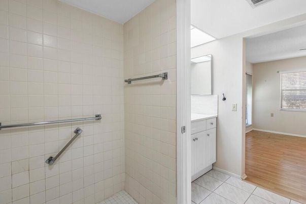 Bathroom, Glass Shower, Interior, Wood Texture Flooring