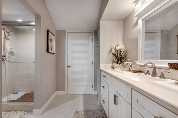 Bathroom, Dual Sink Vanities, Glass Shower, Interior, Marble, Recessed Lighting