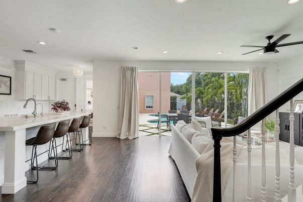 Interior, Kitchen, Living room, Recessed Lighting, Wood Texture Flooring