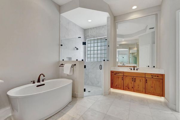 Bathroom, Dual Sink Vanities, Free Standing Baths, Interior, Marble, Marble Walls, Recessed Lighting