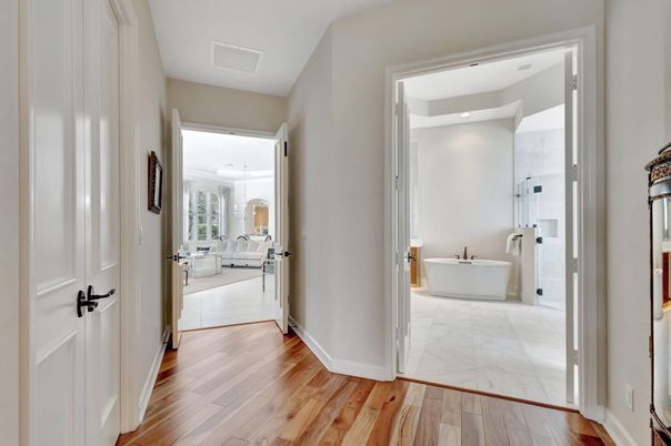 Bathroom, Free Standing Baths, Interior, Marble, Recessed Lighting, Wood Texture Flooring