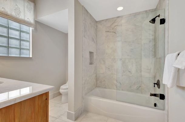 Bathroom, Glass Shower, Interior, Marble, Marble Walls, Recessed Lighting