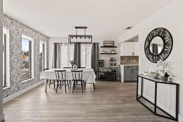 Dining room, Interior, Pendant Lights, Wood Texture Flooring