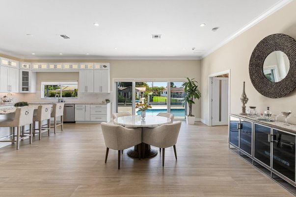 Dining room, Interior, Kitchen, Recessed Lighting, Stainless Steel Appliances, Water, Wood Texture Flooring