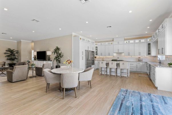 Dining room, Interior, Kitchen, Living room, Recessed Lighting, Stainless Steel Appliances, Wood Texture Flooring
