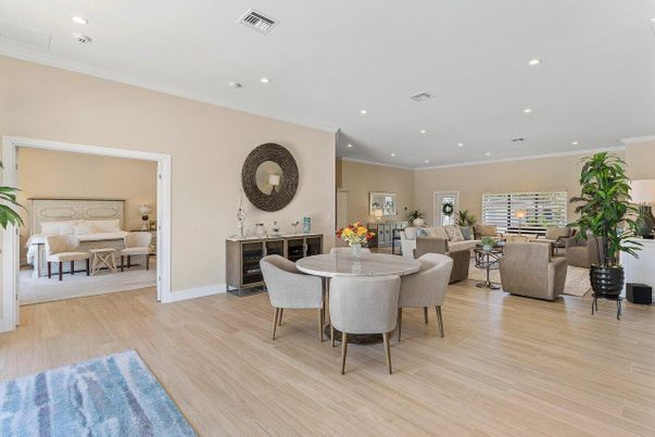 Dining room, Interior, Living room, Recessed Lighting, Wood Texture Flooring