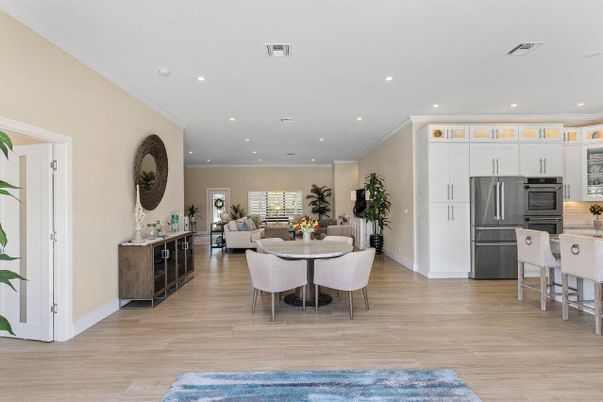 Dining room, Interior, Kitchen, Living room, Recessed Lighting, Stainless Steel Appliances, Wood Texture Flooring