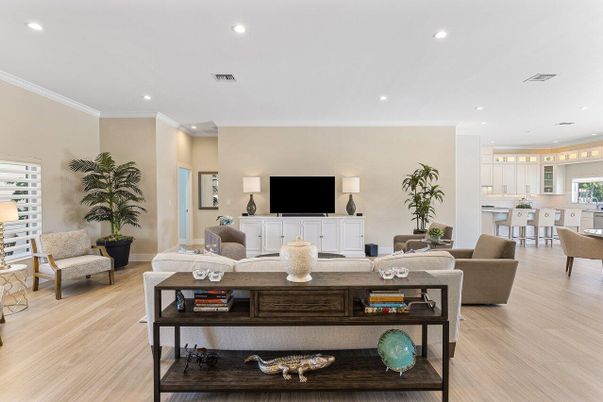 Dining room, Interior, Living room, Pendant Lights, Recessed Lighting, Wood Texture Flooring