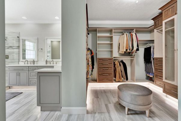 Bathroom, Dual Sink Vanities, Glass Shower, Interior, Recessed Lighting, Walk-in Closets, Wood Texture Flooring