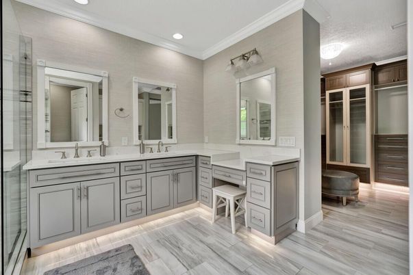 Bathroom, Dual Sink Vanities, Interior, Recessed Lighting, Wood Texture Flooring