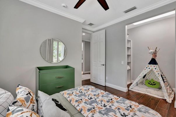 Bedroom, Interior, Recessed Lighting, Wood Texture Flooring