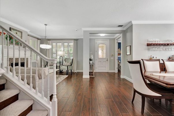 Dining room, Interior, Pendant Lights, Wood Texture Flooring