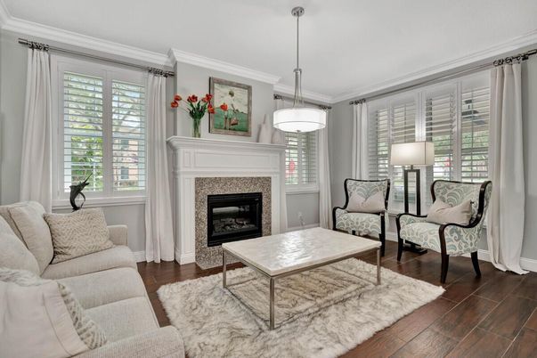Fireplace, Interior, Living room, Pendant Lights, Wood Texture Flooring