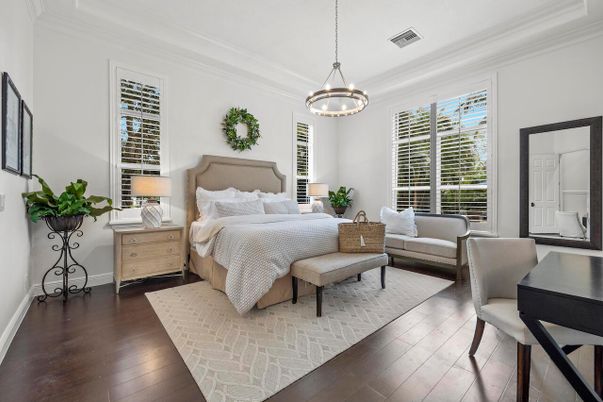 Bedroom, Interior, Pendant Lights, Wood Texture Flooring