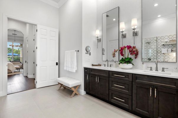 Bathroom, Dual Sink Vanities, Interior, Recessed Lighting, Wood Texture Flooring