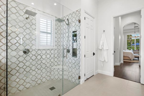 Bathroom, Glass Shower, Interior, Pendant Lights, Recessed Lighting, Wood Texture Flooring