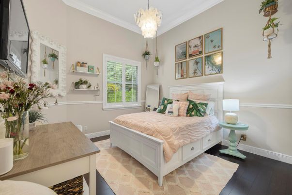 Bedroom, Chandelier, Interior, Wood Texture Flooring