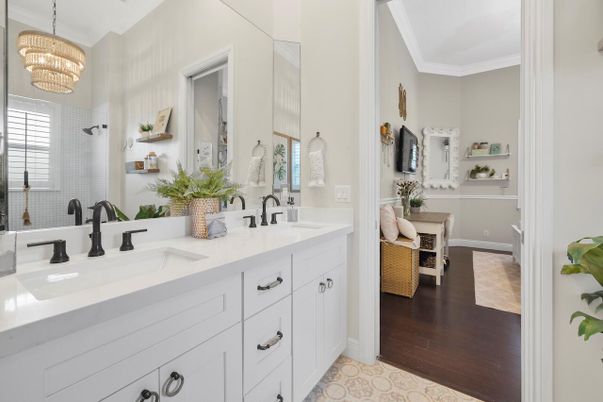 Bathroom, Chandelier, Dual Sink Vanities, Interior, Wood Texture Flooring