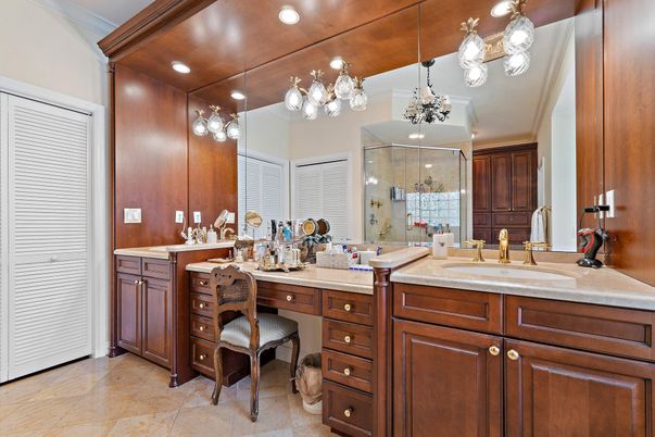 Bathroom, Dual Sink Vanities, Glass Shower, Interior, Pendant Lights, Recessed Lighting