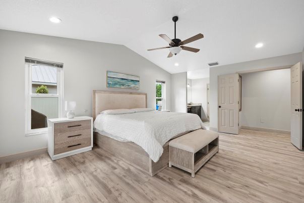 Bedroom, Interior, Recessed Lighting, Wood Texture Flooring