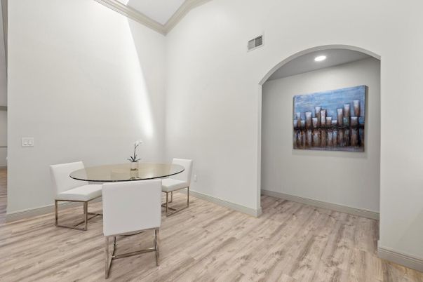 Dining room, Interior, Recessed Lighting, Wood Texture Flooring