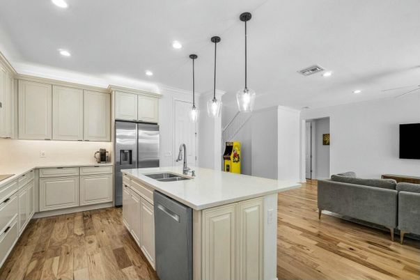 Interior, Kitchen, Pendant Lights, Recessed Lighting, Stainless Steel Appliances, Wood Texture Flooring