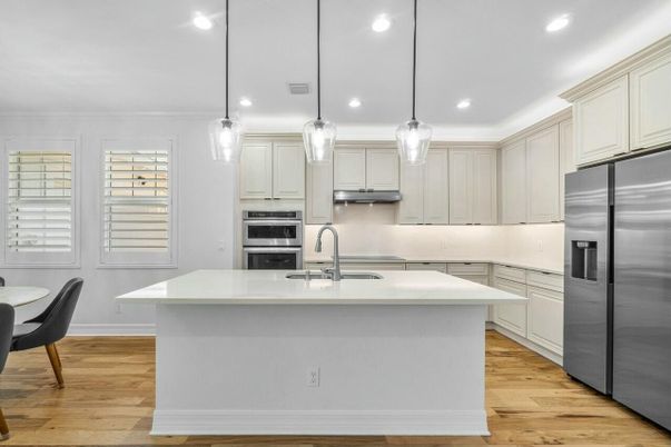 Interior, Kitchen, Pendant Lights, Recessed Lighting, Stainless Steel Appliances, Wood Texture Flooring
