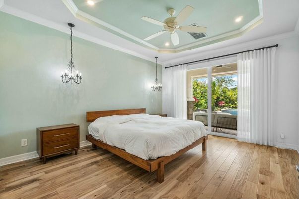 Bedroom, Chandelier, Interior, Pendant Lights, Recessed Lighting, Wood Texture Flooring