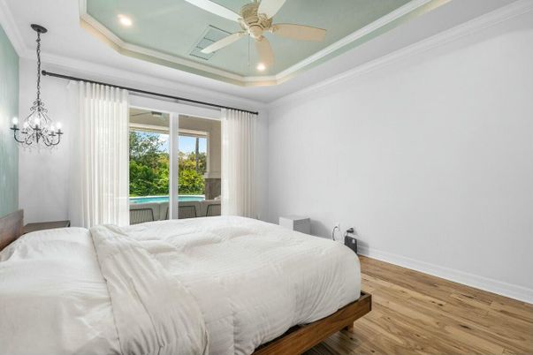 Bedroom, Chandelier, Interior, Recessed Lighting, Wood Texture Flooring