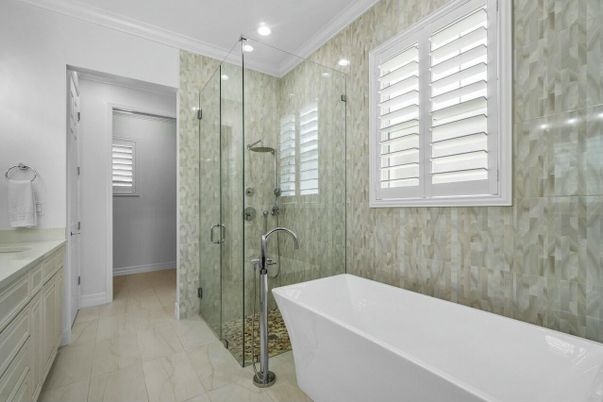 Bathroom, Free Standing Baths, Glass Shower, Interior, Marble, Recessed Lighting