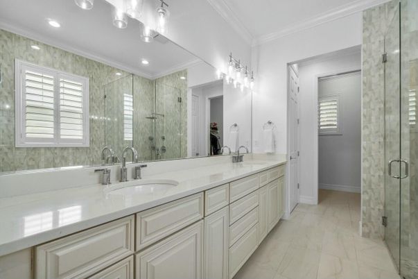 Bathroom, Dual Sink Vanities, Glass Shower, Interior, Marble, Recessed Lighting