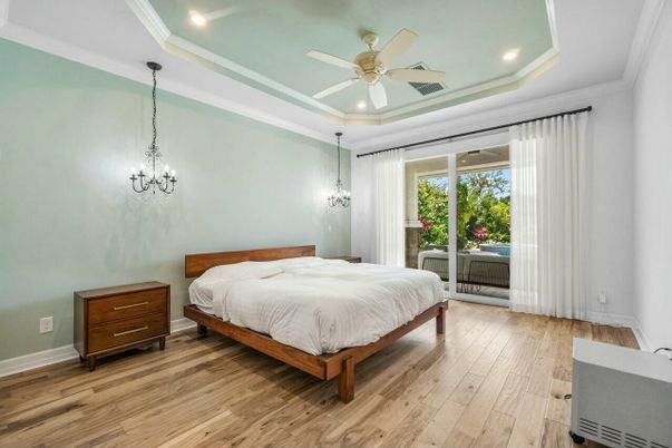 Bedroom, Chandelier, Interior, Pendant Lights, Recessed Lighting, Wood Texture Flooring