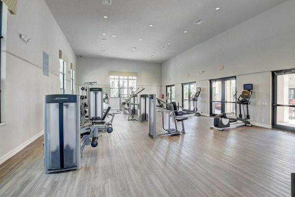 Fitness Equipment, Gym, Interior, Recessed Lighting, Wood Texture Flooring