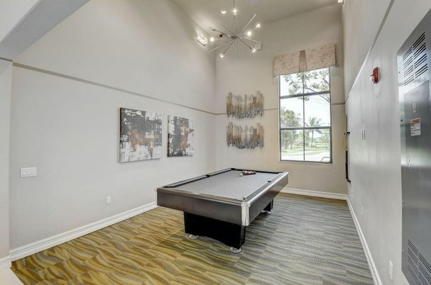 Billiard Table, Game Room, Interior, Pendant Lights, Wood Texture Flooring