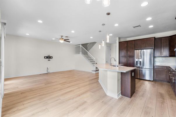 Interior, Kitchen, Pendant Lights, Recessed Lighting, Stainless Steel Appliances, Wood Texture Flooring