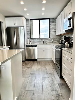 Interior, Kitchen, Recessed Lighting, Stainless Steel Appliances, Wood Texture Flooring