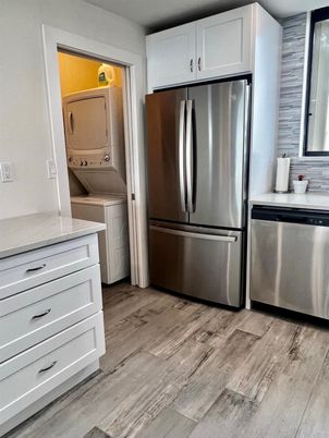 Interior, Kitchen, Stainless Steel Appliances, Washer, Wood Texture Flooring