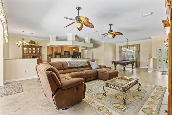Billiard Table, Game Room, Interior, Kitchen, Living room, Pendant Lights, Stainless Steel Appliances